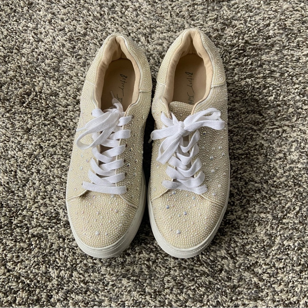 Betsey Johnson Cream Sneakers with Rhinestones